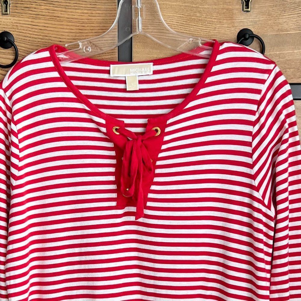 Michael Kors Red and White Striped Long Sleeve Top with Lace Up Bodice Large - Picture 2 of 7